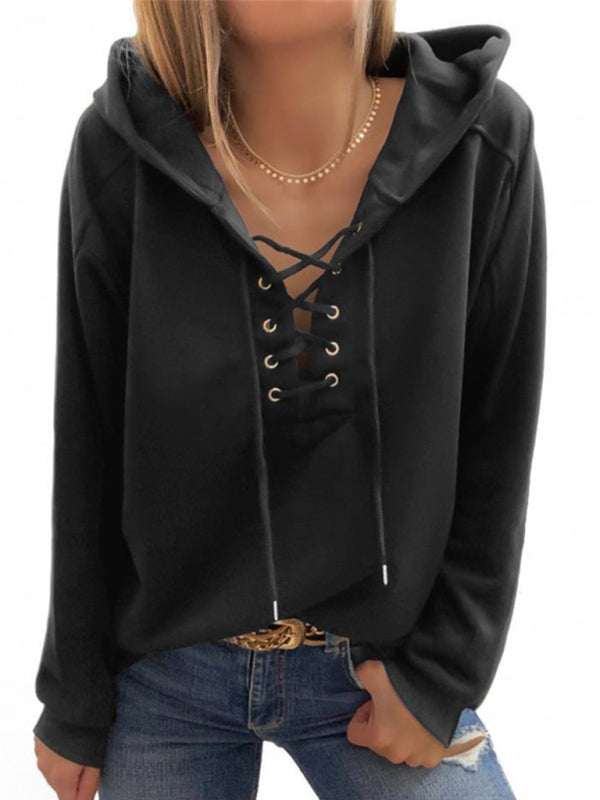 Women's Knit Solid Eyelet Lace-Up Hoodie