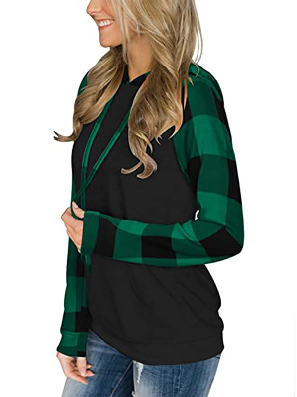 Women's Long Sleeve Printed Sports Plaid Hooded Women's Sweatshirt T-Shirt