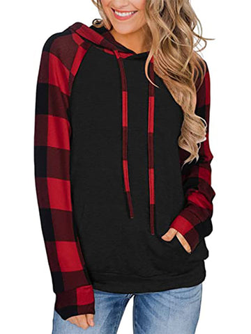 Women's Long Sleeve Printed Sports Plaid Hooded Women's Sweatshirt T-Shirt