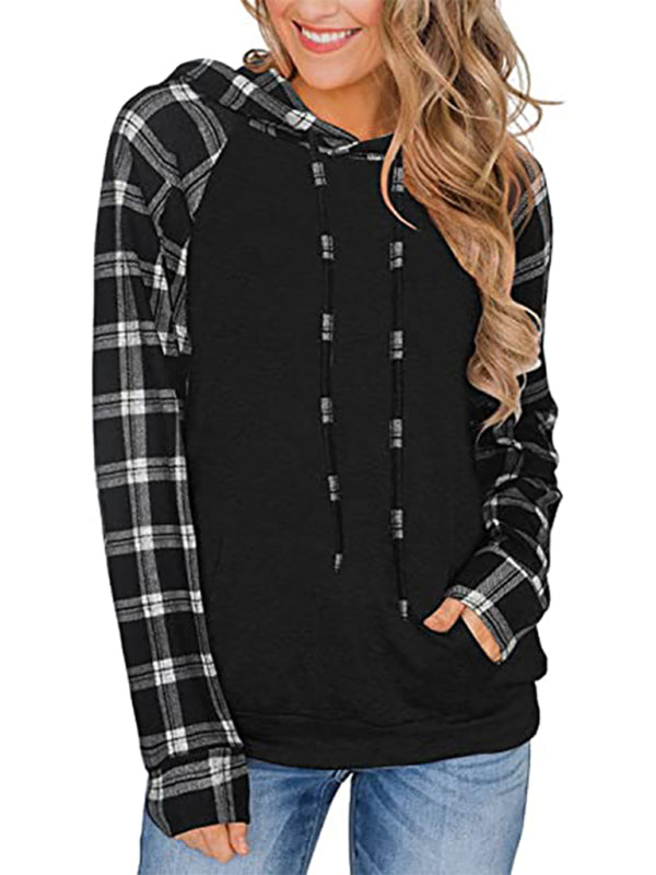 Women's Long Sleeve Printed Sports Plaid Hooded Women's Sweatshirt T-Shirt