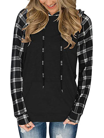 Women's Long Sleeve Printed Sports Plaid Hooded Women's Sweatshirt T-Shirt