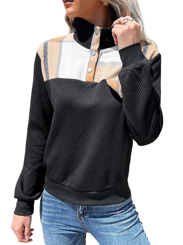 Fashion women's color-block check pattern stitching sweater