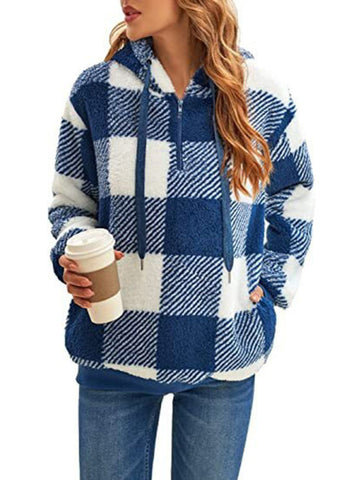 Long sleeve hooded plaid plush women's sweatshirt