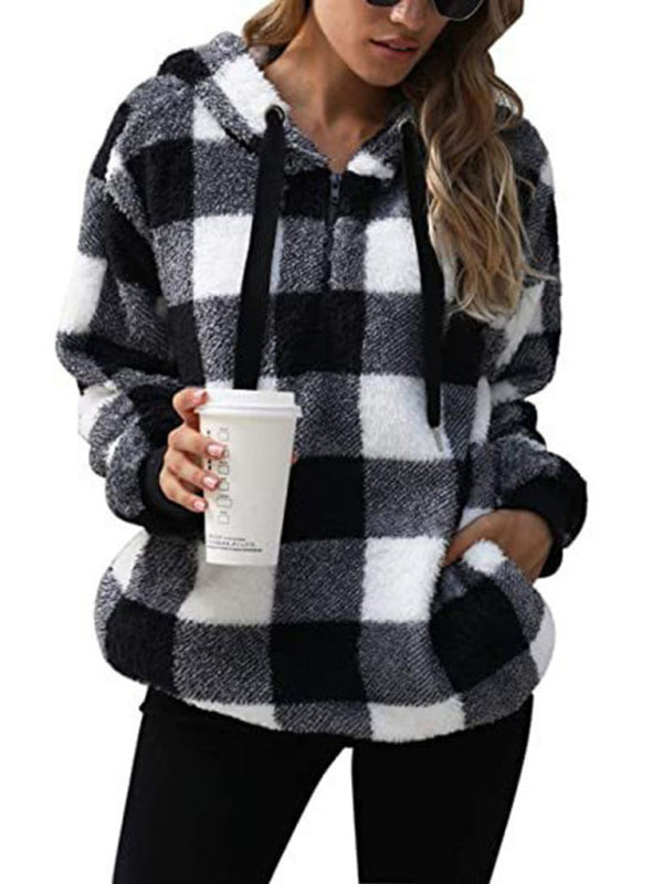 Long sleeve hooded plaid plush women's sweatshirt