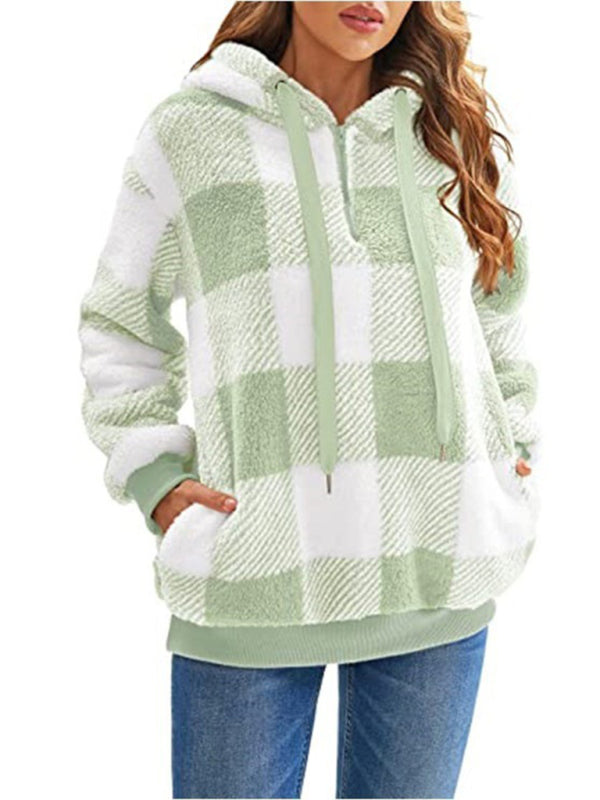 Long sleeve hooded plaid plush women's sweatshirt