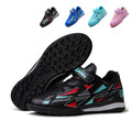 TF Turf Soccer Cleats, Velcro Strap Easy On Lace-Up Synthetic Football Shoes, Colorful Geometric Triangle Print Lightweight Youth Training Athletic Boots for Indoor Hard Courts & Short Artificial Turf-zusheng782