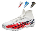 High Ankle Sock TF Turf Soccer Cleats, Lace-Up Breathable Woven Mesh Flame Stripe Print Football Boots, Non-Marking Wave Block Rubber Training Shoes for Indoor Hard Courts & Short Artificial Turf-xinma2218